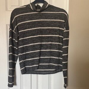 SO Women's Gray and Cream Striped Cowl Neck Sweater